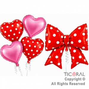 SET DE GLOBOS METALIZADO MO�O ROJO CON LUNARES Y CORAZONES 5 UNIDADES